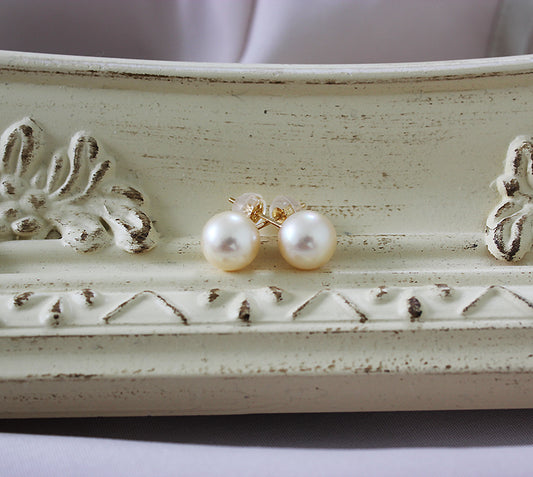 Akoya珍珠天然奶油8.0-8.5mm K18【黄金】或K14WG【白金】单耳环简约时尚