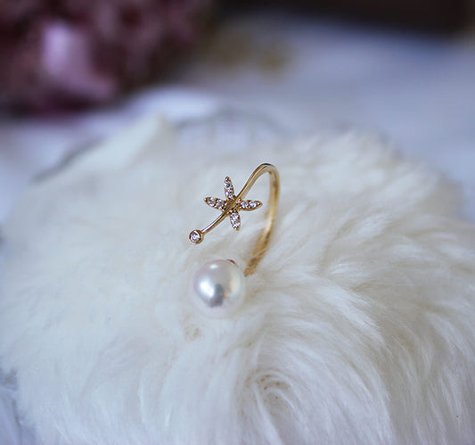 Akoya珍珠K18YG DIA戒指钻石珍珠钻石蜻蜓akoya戒指D0.06ct 9pcs