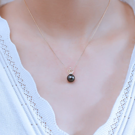 黒蝶真珠 K18YG DIA ネックレス クラウン ダイヤ パールダイヤ tahitian pearl necklace D0.02ct 6pcs