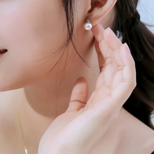 あこや真珠 一粒ダイヤ ピアス K18YG or K18WG D0.05ct 2pcs 真珠のサイズが選べる パールダイヤ