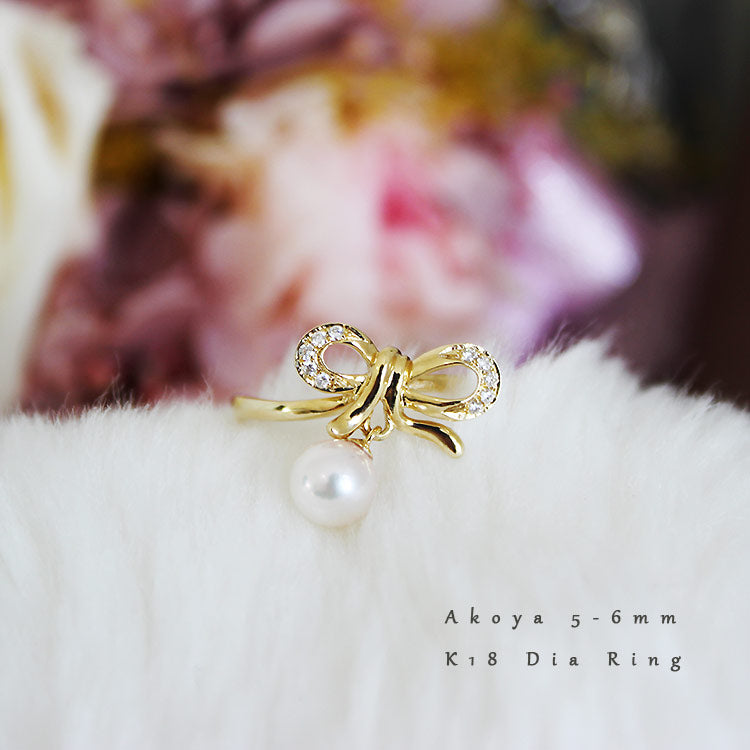 Akoya pearl K18YG DIA ring diamond ribbon pearl diamond akoya ring