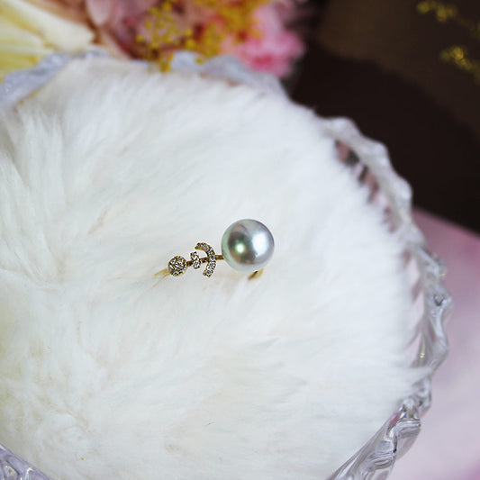 Akoya珍珠戒指天然蓝色K18YG 8-8.5mm锚直径钻石珍珠钻石akoya珍珠戒指D0.07ct 14pcs