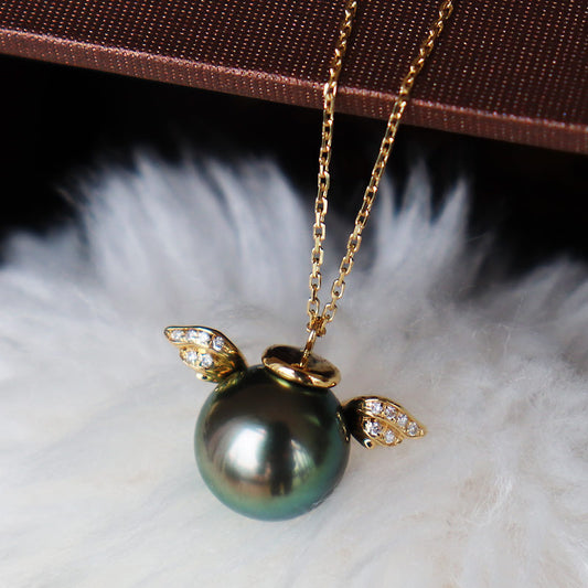 黒蝶真珠 K18YG 9-10mm DIA ネックレス ダイヤ パールダイヤ tahitian pearl necklace D0.028ct 12pcs