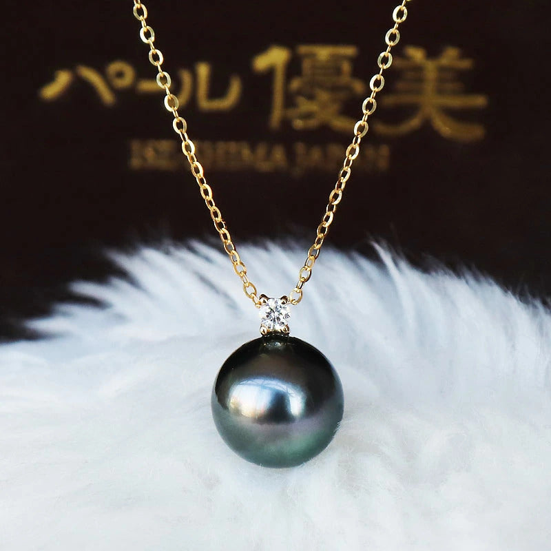 K18YG 黒蝶真珠 一粒　DIA ネックレス ダイヤ　パールダイヤ Tahitian pearl necklace D0.04ct 1pcs