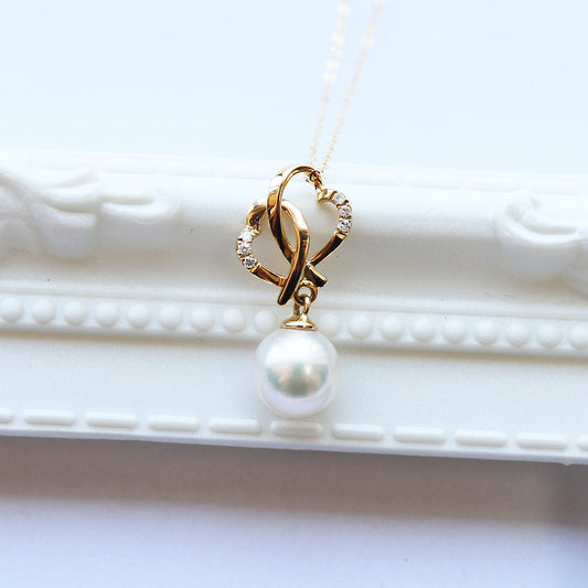 あこや真珠 ハート ネックレス K18YG D0.018ct 6pcs 真珠のサイズが選べる パールダイヤ スライドピンタイプ