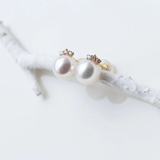 K18YG Akoya 珍珠 3 粒 DIA 耳环 钻石 珍珠 钻石 akoya piace D0.07ct 6pcs