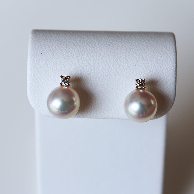 K18YG Akoya pearl 3 grains DIA earrings diamond pearl diamond akoya piace D0.07ct 6pcs