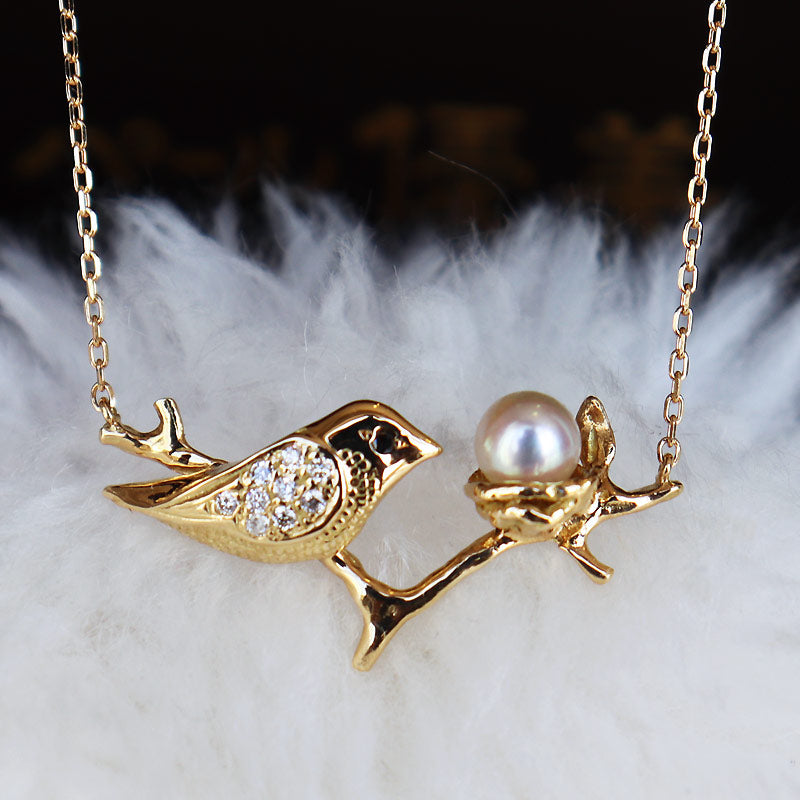 Akoya pearl baby pearl [K18YG DIA necklace small bird] pearl diamond pendant