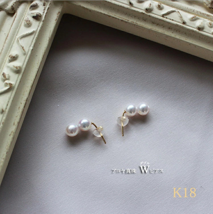 Several grain line twin earrings double earrings Akoya pearl earrings 5.5-6mm baby pearl K18YG several grain pearl earrings