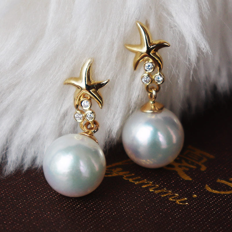 <tc>Akoya Pearl [Akoya Pearl Sea Star Earrings 7.5-8mm] K18YG [Yellow Gold] [DIA] Pearl Diamond [Pearl] Seawater Pearl</tc>