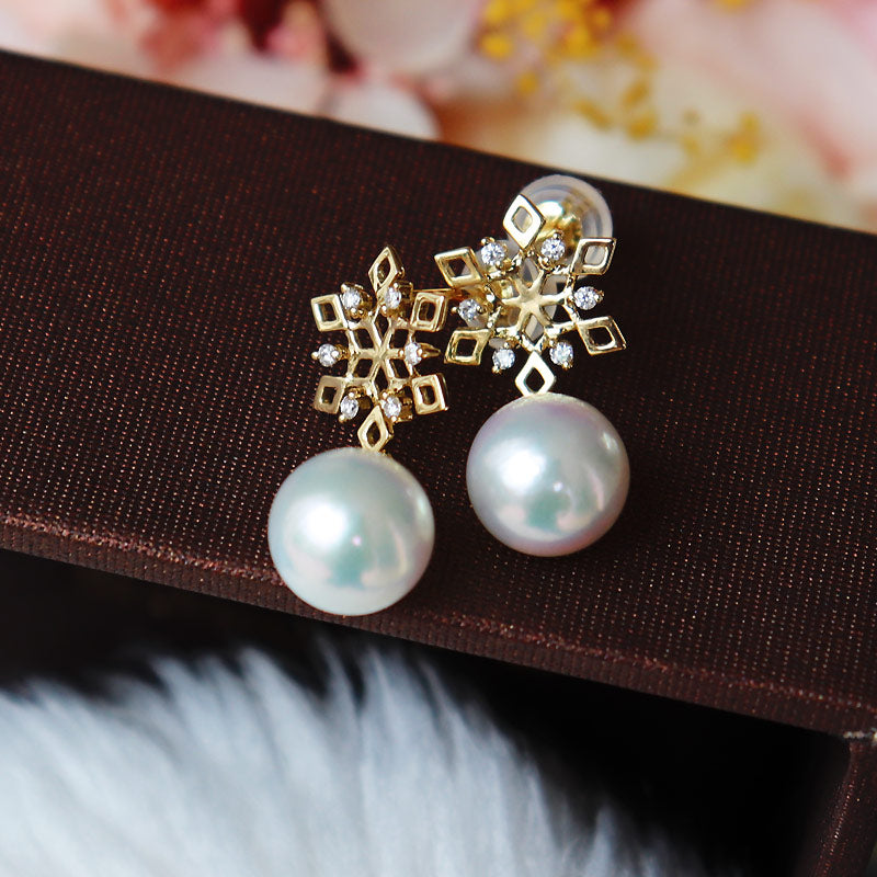 K18YG Akoya pearl DIA earrings diamond pearl diamond snowflake akoya piace  D0.07ct 12pcs