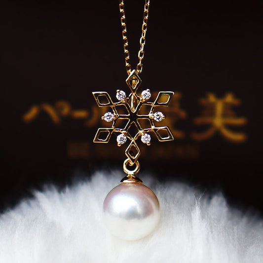 あこや真珠　K18YG  DIA ネックレス ダイヤ パールダイヤ　akoya necklace D0.06ct 6pcs　雪の結晶　パールネックレス