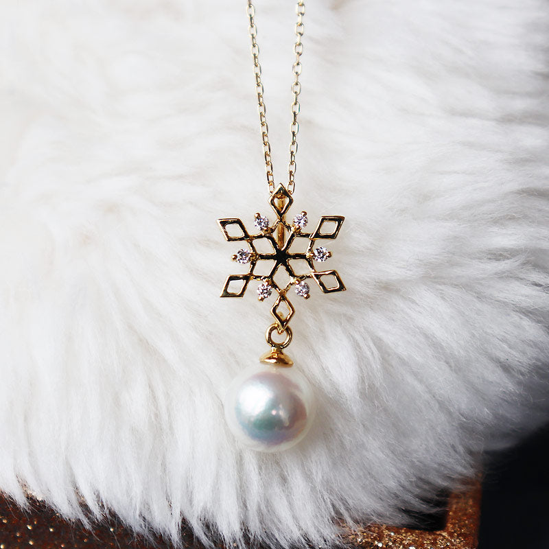 Akoya pearl K18YG DIA necklace diamond pearl diamond akoya necklace D0.06ct 6pcs snowflake pearl necklace