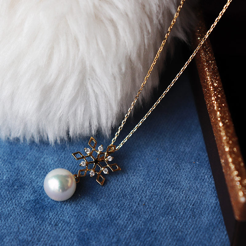 Akoya pearl K18YG DIA necklace diamond pearl diamond akoya necklace D0.06ct 6pcs snowflake pearl necklace
