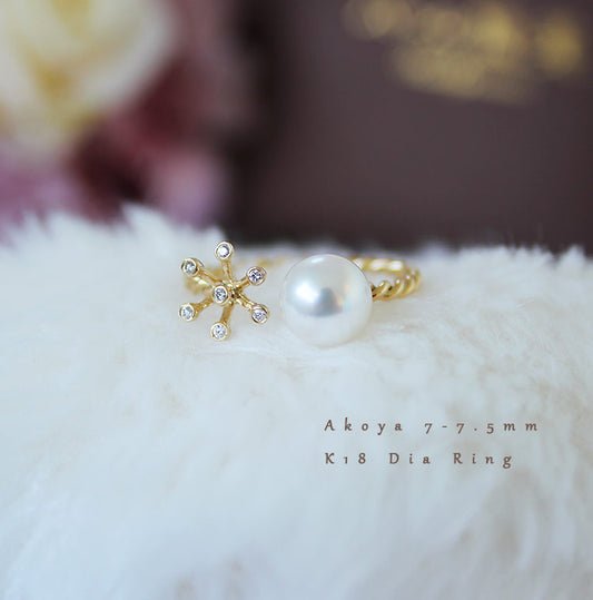 Akoya pearl ring K18YG snow crystal DIA diamond pearl diamond Akoya ring D0.03ct 7pcs