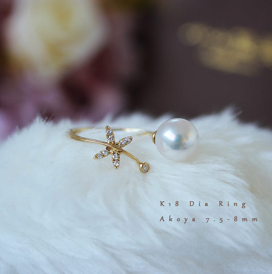 Akoya pearl K18YG DIA ring diamond pearl diamond dragonfly akoya ring D0.06ct 9pcs