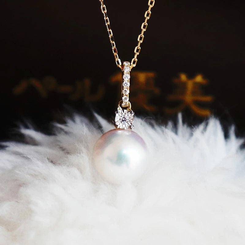 K18　あこや真珠　DIA　ネックレス　ダイヤ　パールダイヤ　akoya necklace D0.04ct 8pcs