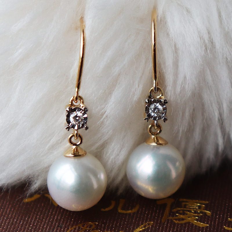 K18YG Akoya pearl DIA earrings diamond akoya piace D0.04ct 2pcs pearl diamond luxury