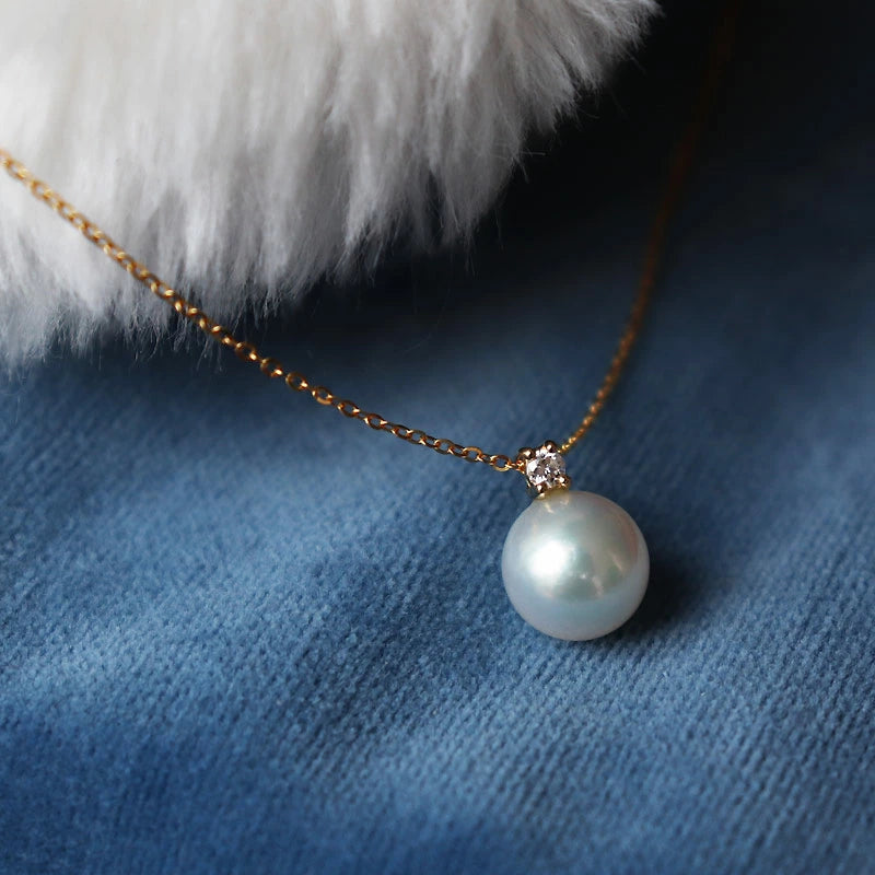 Akoya pearl single diamond necklace K18YG or K18WG D0.04ct 1pcs pearl size selectable pearl diamond