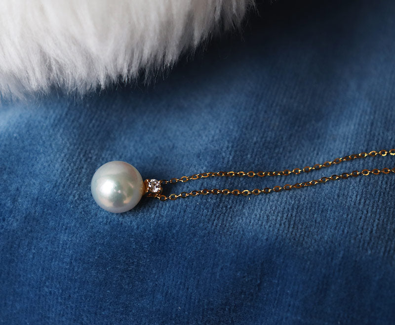 Akoya pearl single diamond necklace K18YG or K18WG D0.04ct 1pcs pearl size selectable pearl diamond