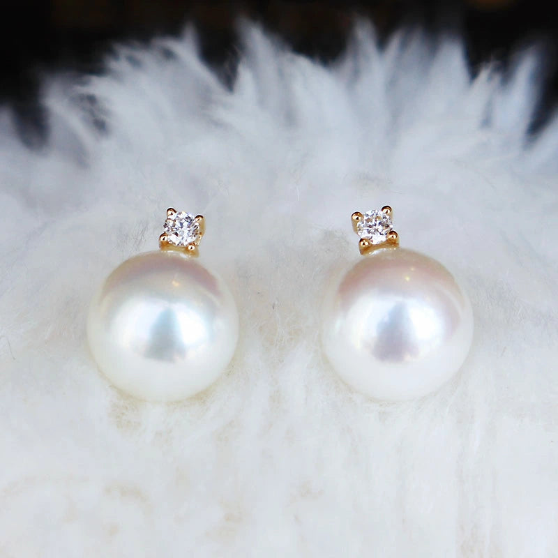 Akoya pearl single diamond earrings K18YG or K18WG D0.05ct 2pcs pearl size selectable pearl diamond