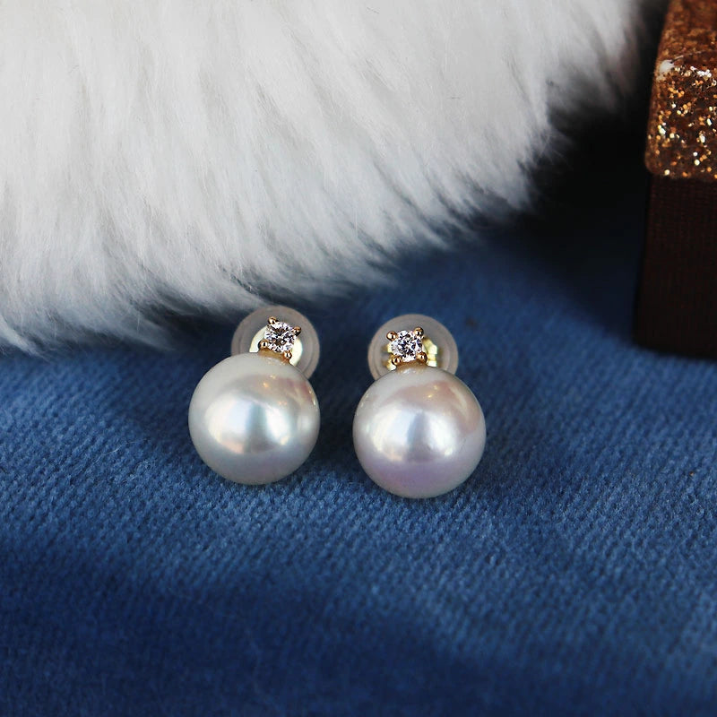 Akoya pearl single diamond earrings K18YG or K18WG D0.05ct 2pcs pearl size selectable pearl diamond