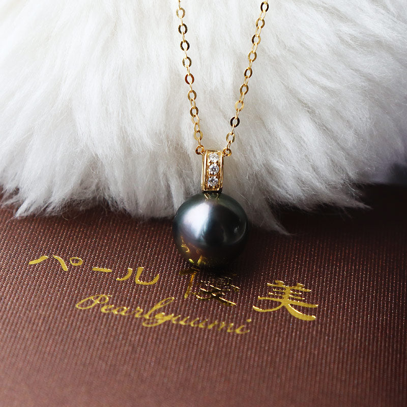 K18YG black pearl 9-10mm DIA necklace diamond pearl diamond tahitian pearl necklace D0.03ct 3pcs
