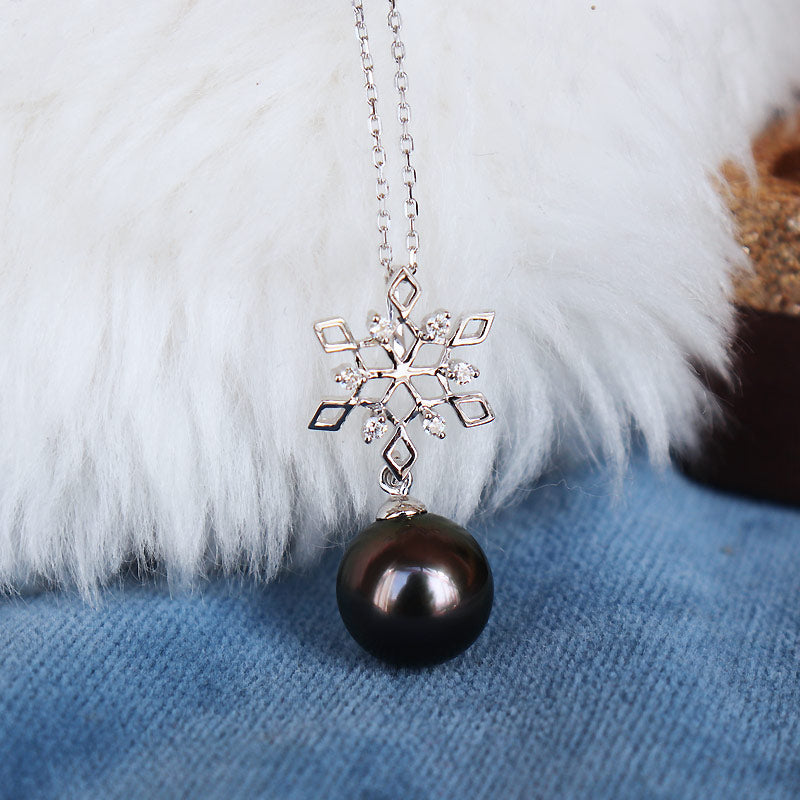 Black pearl 9-10mm DIA K14WG/K18YG necklace diamond tahitian pearl necklace D0.06ct 6pcs snowflake pearl diamond