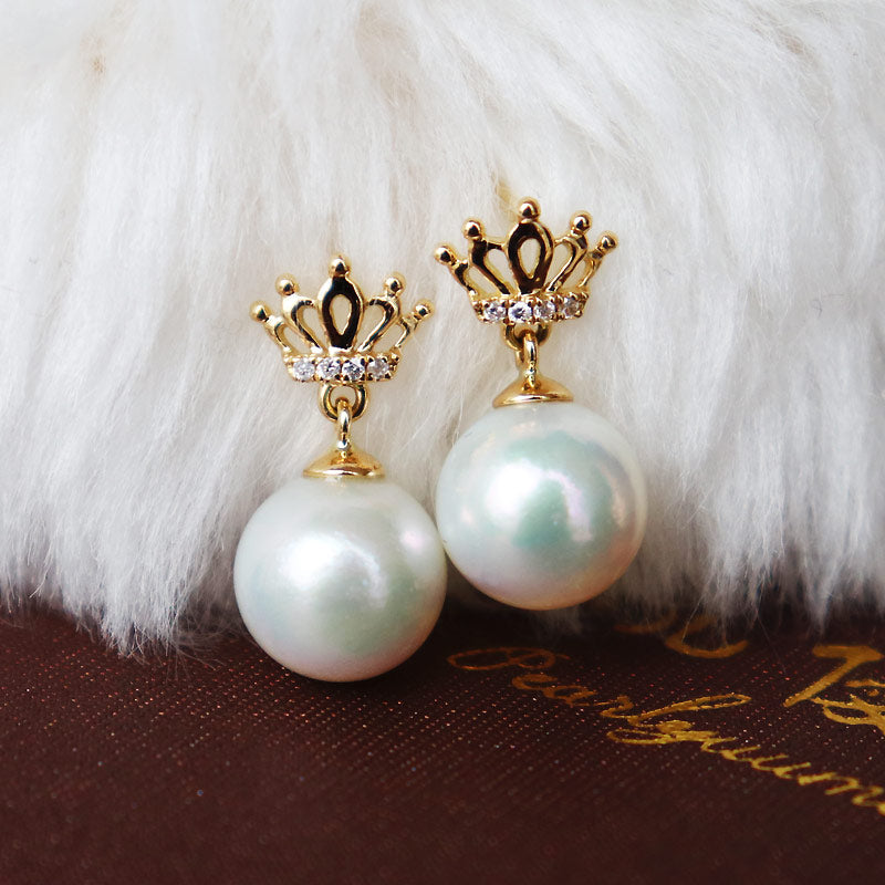 Akoya pearl K18YG crown DIA earrings diamond pearl diamond akoya crown piace D0.02ct 8pcs