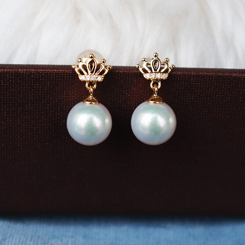 Akoya pearl K18YG crown DIA earrings diamond pearl diamond akoya crown piace D0.02ct 8pcs