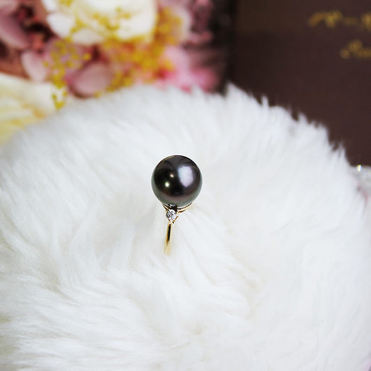 <tc>Black Tahitian pearl ring single K18YG 9-10mm DIA ring diamond pearl diamond simple Tahitian pearl ring D0.05ct 2pcs</tc>
