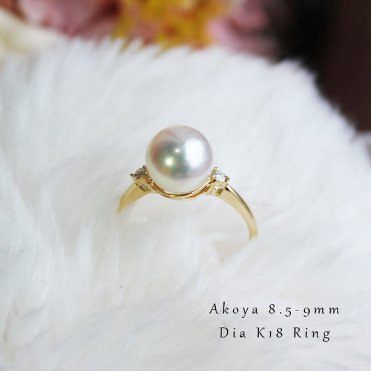 あこや真珠　リング　一粒　K18YG　8.5-9mm　DIA　ダイヤ　シンプル　パールダイヤ　akoya pearl ring D0.05ct 2pcs