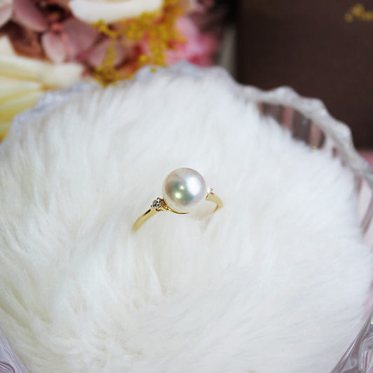 Akoya pearl ring single K18YG 8.5-9mm DIA diamond simple pearl diamond Akoya pearl ring D0.05ct 2pcs