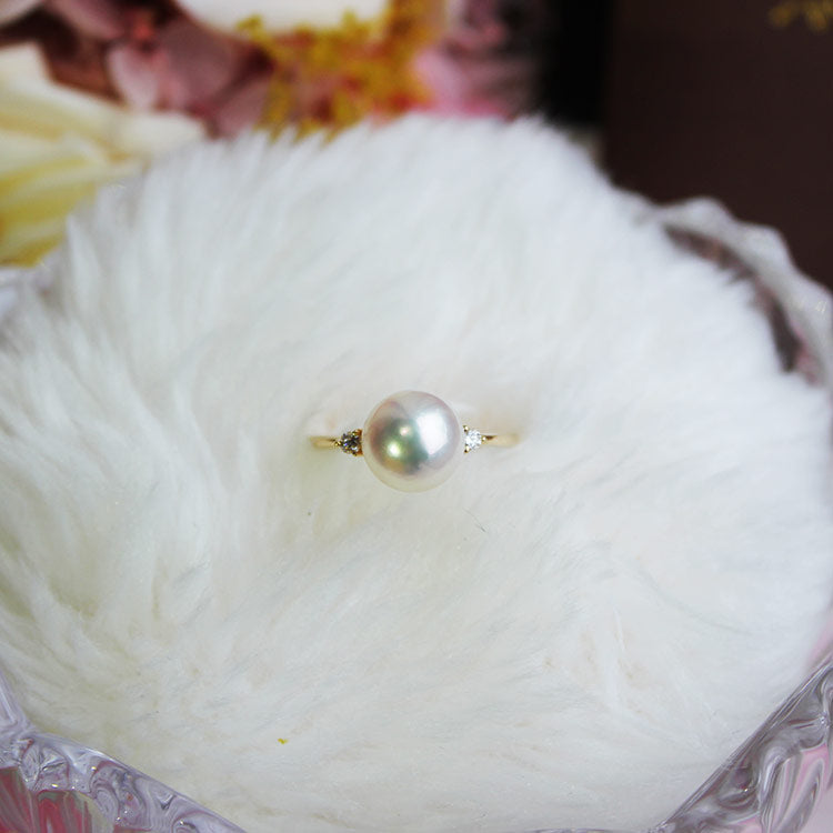 Akoya pearl ring single K18YG 8.5-9mm DIA diamond simple pearl diamond Akoya pearl ring D0.05ct 2pcs
