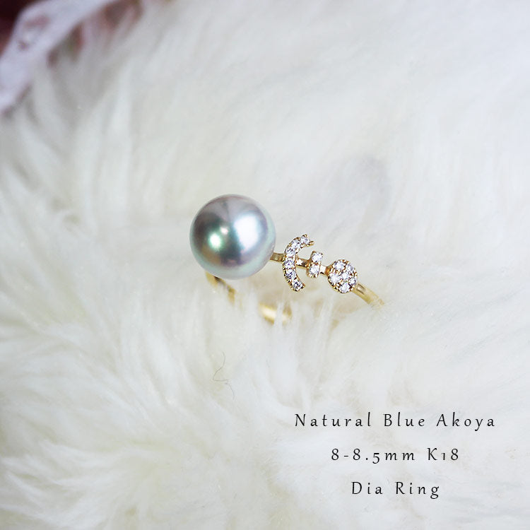 Akoya pearl ring natural blue K18YG 8-8.5mm anchor dia diamond pearl diamond akoya pearl ring D0.07ct 14pcs