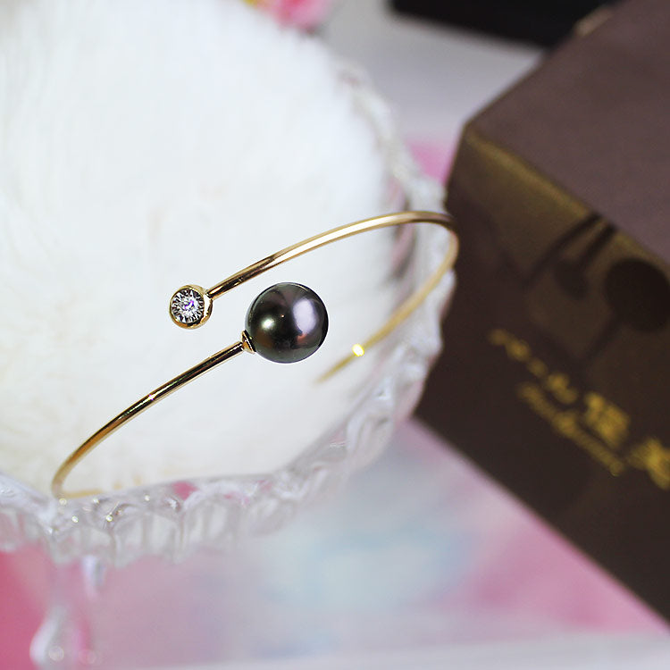 K18YG black butterfly pearl 9-10mm DIA bangle bracelet diamond pearl diamond tahichian pearl bracelet D0.04ct 1pcs