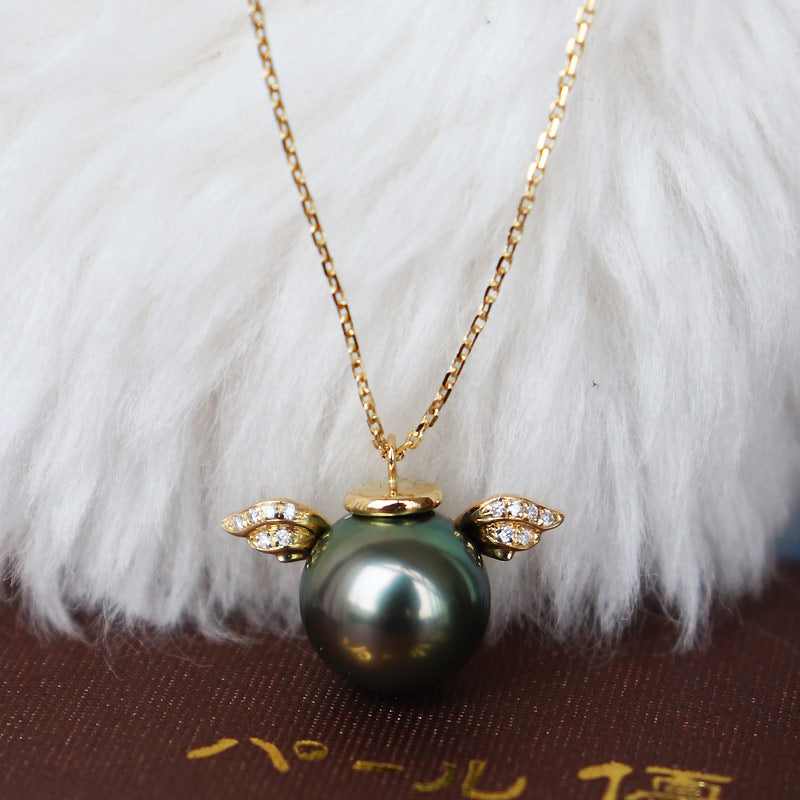 黒蝶真珠　K18YG 9-10mm DIA ネックレス ダイヤ パールダイヤ　tahitian pearl necklace D0.028ct 12pcs