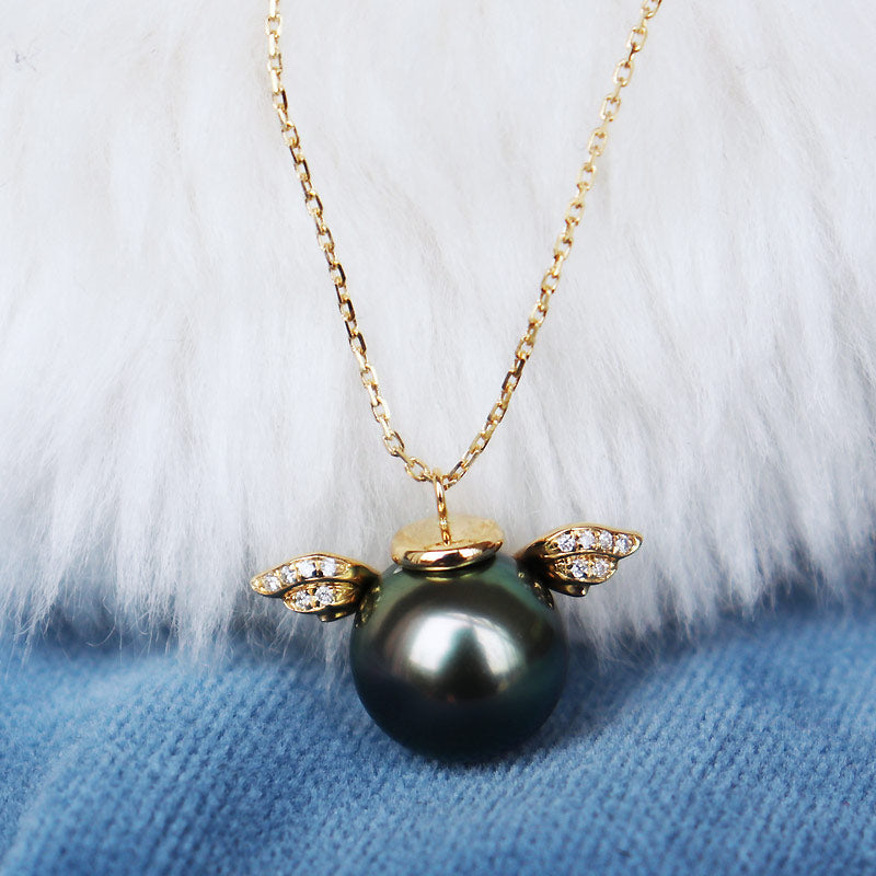黒蝶真珠　K18YG 9-10mm DIA ネックレス ダイヤ パールダイヤ　tahitian pearl necklace D0.028ct 12pcs