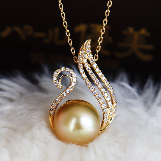 South sea pearl 9-10mm swan natural gold K18YG DIA necklace diamond pearl diamond southsea pearl necklace D0.208ct 69pcs