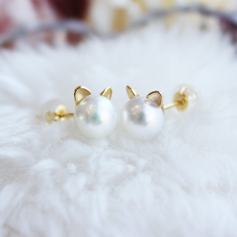 Akoya pearl earrings K18YG cat ears pearl earrings akoya piace cute pearl  earrings