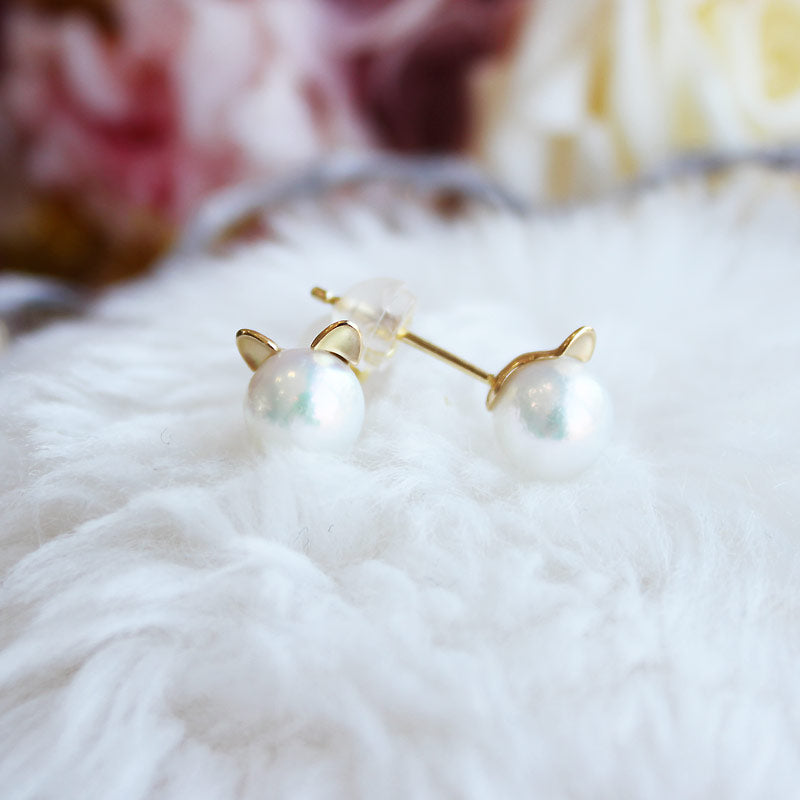 Akoya pearl earrings K18YG cat ears pearl earrings akoya piace cute pearl  earrings