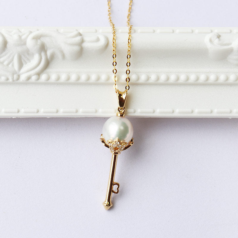 Akoya pearl K18YG DIA key pendant diamond pearl diamond akoya necklace D0.006ct 10pcs [chain sold separately]