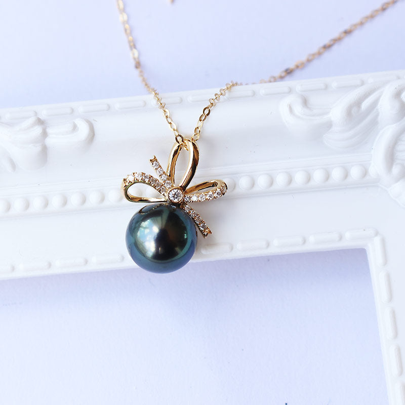 黒蝶真珠　K18YG DIA ペンダント リボン ダイヤ　パールダイヤ tahitian pearl necklace D0.12ct  21pcs【チェーン別売り】