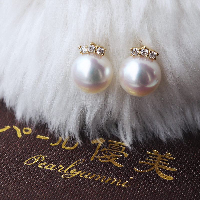 K18YG Akoya pearl 3 grains DIA earrings diamond pearl diamond akoya piace D0.07ct 6pcs