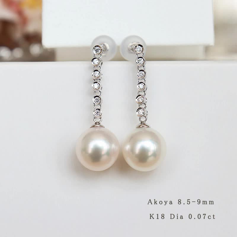 あこや真珠　K18　8.5-9mm DIA ロングピアス ダイヤ　パールダイヤ akoya piace D0.077ct 12pcs