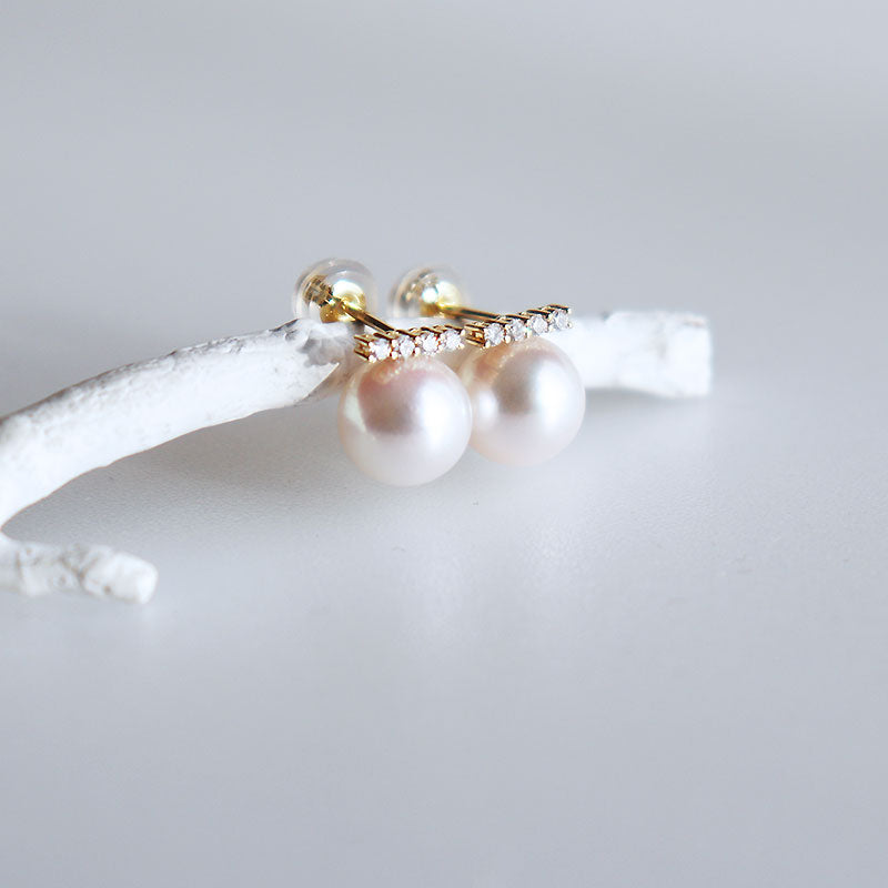Akoya pearl Akoya 7.5-8mm K18YG DIA balance earrings 0.08ct pearl diamond simple adult modern bar earrings