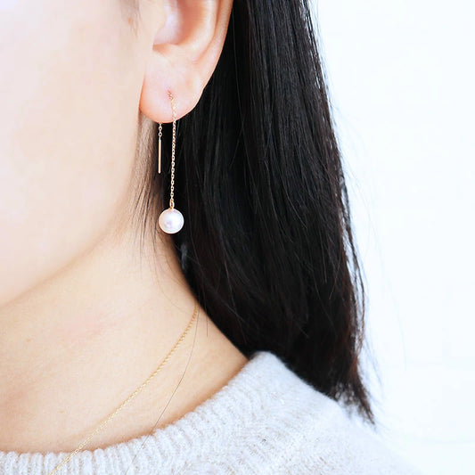 Akoya Pearl American Earrings You can choose the size of the pearl K18YG Elegant Long Earrings Single Pearl Earrings