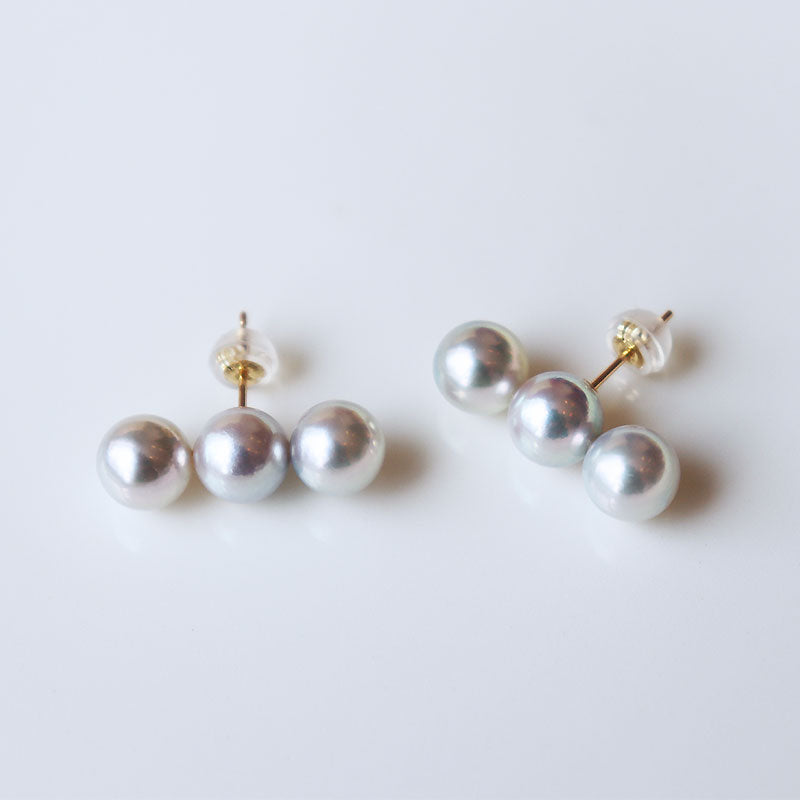 Akoya pearl natural blue few grain line earrings untoned 7-7.5mm K18YG or K14WG earrings mysterious color 3 grain type